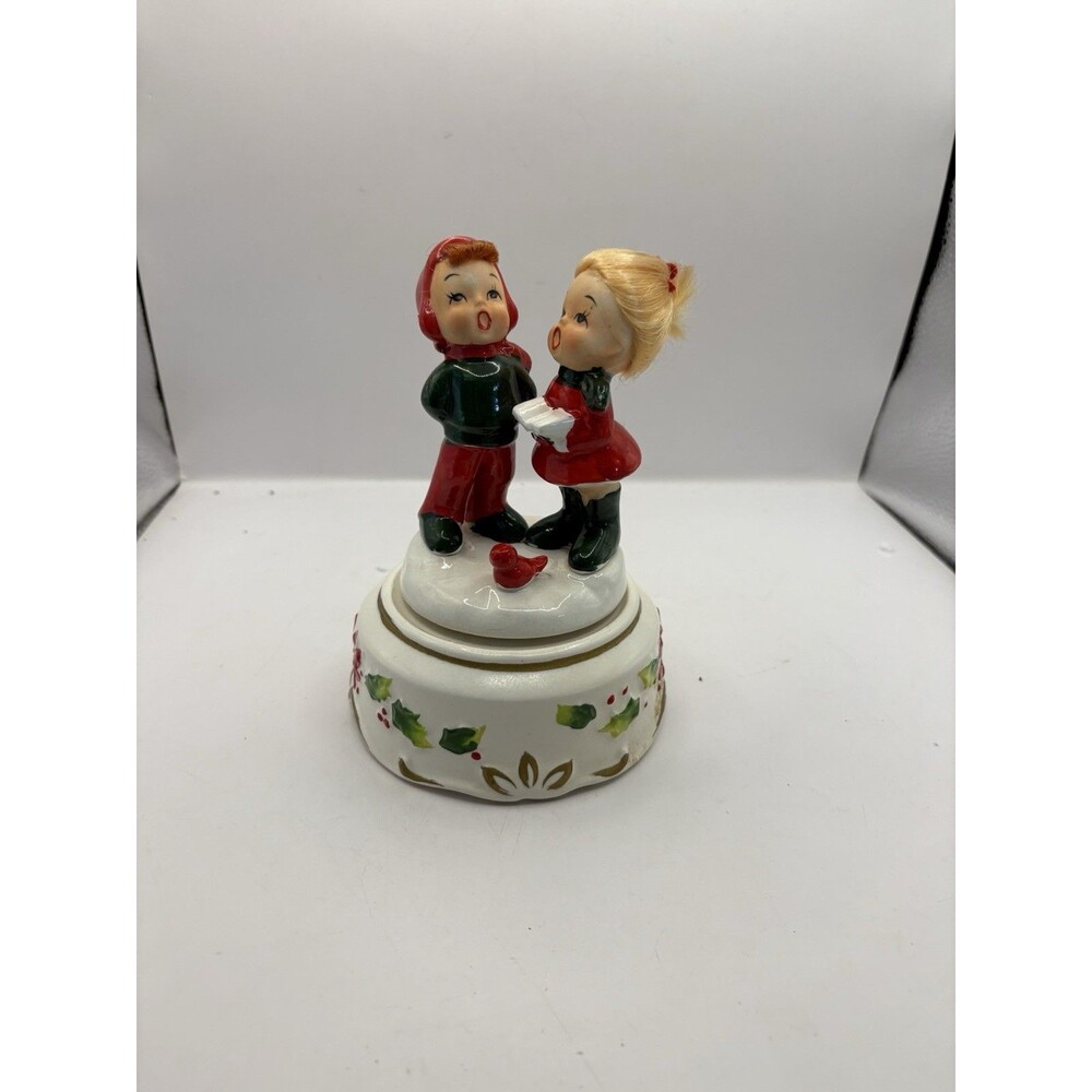 Vintage Napcoware Christmas Music Box Faux Hair Children Singing Carolers X-7645